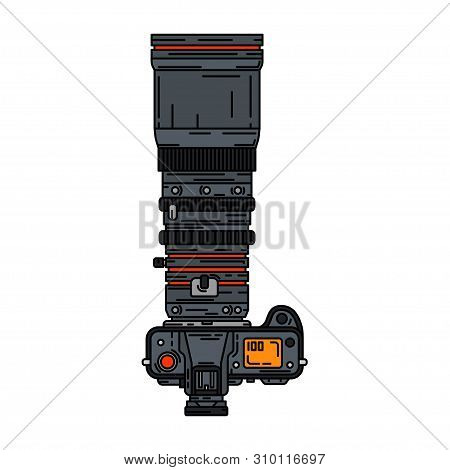 Color Vector Icon With Digital Slr Professional Camera. Photography Art. Megapixel Photocamera. Cart
