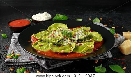 Italian Ravioli Pasta Stuffed With Basil Pesto, Creamy Ricotta And Crunchy Pine Nuts. Healthy Vegeta