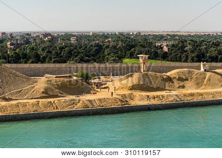 Suez, Egypt - November 5, 2017: Military Watch Tower On The Shore Of The Suez Canal Near Suez, Egypt