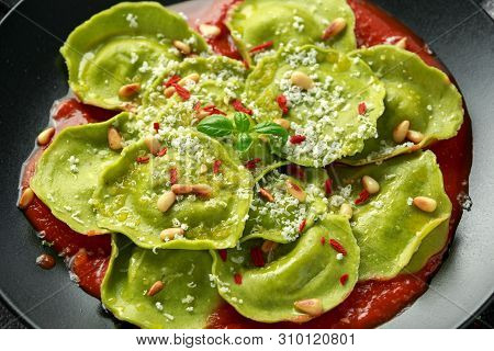 Italian Ravioli Pasta Stuffed With Basil Pesto, Creamy Ricotta And Crunchy Pine Nuts. Healthy Vegeta