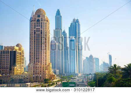 Dubai, Uae United Arabs Emirates - 29 May, 2019: Arjaan Building And Dubai Marina Skyscrapers At The