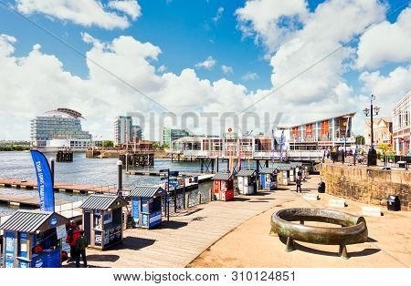 Cardiff, United Kingdom - June 08, 2019: Panoramic View Of Cardiff Bay And Mermaid Quay On A Sunny M