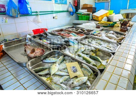 Al Khor, Qatar - February 23, 2019: Typical Indian Ocean Fish On Display At The Counter Inside The F