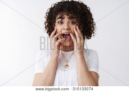 Surprised Happy Charismatic Young Cute Female Curly Black Hair Open Mouth Screaming Impressed Excite