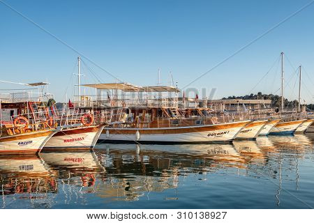 Ucagiz, Turkey - November 3, 2018: Boats at marina in Ucagiz village of Kekova in Turkey