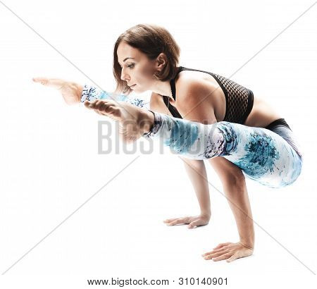 Beautiful Young Woman Practicing Yoga On White Background. Inspirational Mood, Complex Asana, Embrac