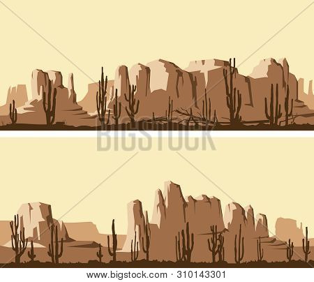 Set Of Vector Stylized Banner Of Wild West Desert Area With Rocks (monument Valley) And Cacti At Sun