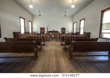 Courtroom Interior. Inside Of Rural Courthouse Which Now Serves As A State Historical Park In Tombst