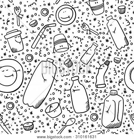 Plastic Pattern. Sorting Plastic Doodles. Non-recyclable Trash. Ecology And Recycle Concept Vector. 