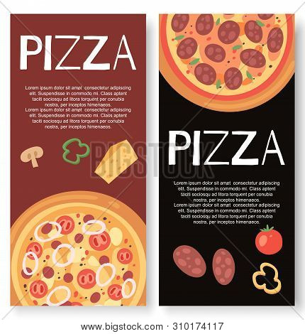 Pizza Restaurant With Ingredients Banner, Poster Vector Illustration. Premium Food With Sausages, Ch