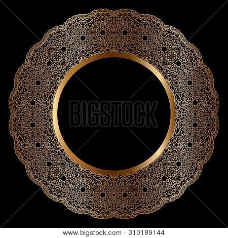 Golden Frame With Ornament In Circle On Black Background. Luxury Gold Mandala, Hand Draw Design. Ara
