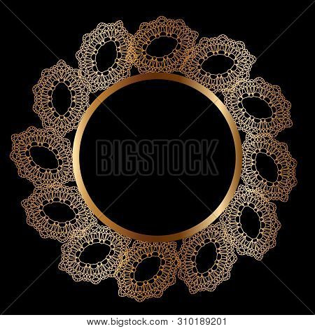 Golden Frame With Ornament In Circle On Black Background. Luxury Gold Mandala, Hand Draw Design. Ara