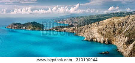 Panorama Scenery View Of Assos Peninsula And Coastline In Kefalonia Greece. Turquoise Calm Mediterra