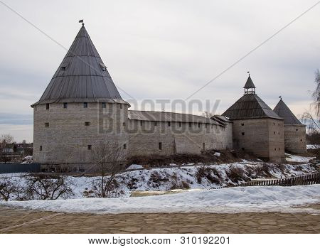 Staraya Ladoga, Russia - March 29, 2019: Staraya Ladoga Fortress At The End Of Winter, Staraya Ladog