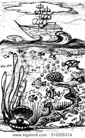 Cartoon Old Ship On Waves. Ocean Sea Underwater Inhabitants. Fish, Turtle And Algae On Sea Bottom. I