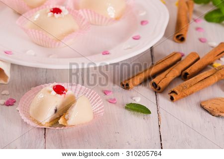 Sicilian Ricotta Cake (cassata) On White Dish.