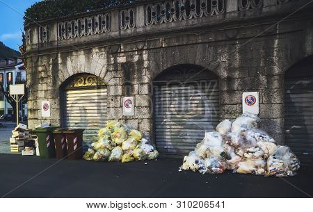 Lot Of Trash Thrown On The Street. Environmental Pollution. Garbage Problem.