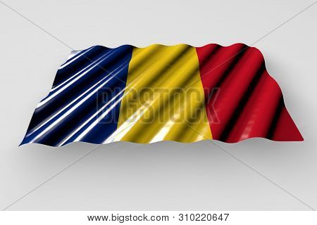 Beautiful Feast Flag 3d Illustration
 - Shiny Flag Of Romania With Large Folds Lay Isolated On Grey