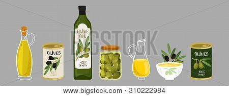 Olive Products Vector Collection. Olive Oil, Branches, Bottles Illustration. Olive Oil Jug, Capacity