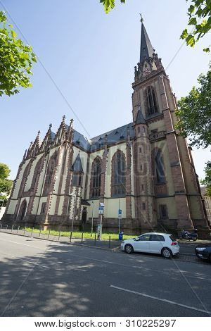 Frankfurt, Germany. July 2019.  A View Of The.dreikönigskirche Church Facade