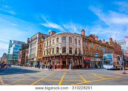 Manchester, Uk - May 18 2018: Cityscape And Architecture At Manchester City Centre Where Is The Loca