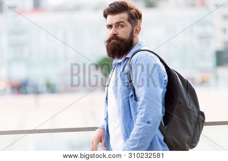 Looking More Brutal. Brutal Caucasian Man With Long Beard On Urban Background. Brutal Hipster Wearin