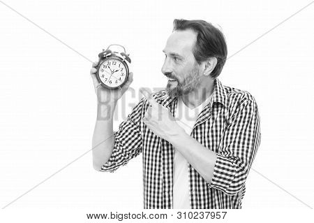 Control And Discipline. Man Casual Style Hold Alarm Clock. Time Management And Procrastination. Take