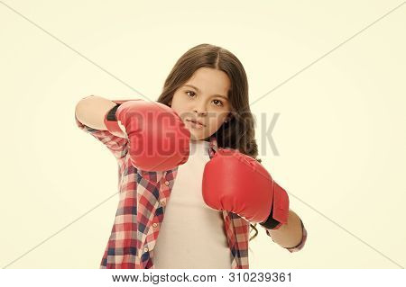 Girl Power Concept. Kid Boxing Gloves Isolated White. Child Boxer Defend Herself. Sport Activity. Bo