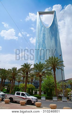 RIYADH - AUGUST 22: Sunset light at Al Faisaliah tower facade on August 22, 2016 in Riyadh, Saudi Arabia. Al Faisaliah towers is a luxury hotel and the most distinctive skyscraper in Saudi Arabia
