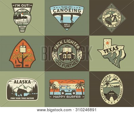 Vintage Hand Drawn Travel Badges Set. Camping Labels Concepts. Mountain Expedition Logo Designs. Ret