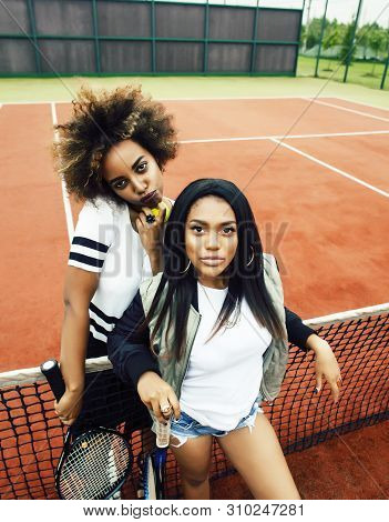 Young Pretty Girlfriends Hanging On Tennis Court, Fashion Stylish Dressed Swag, Best Friends Happy S
