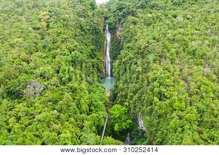 Waterfall In The Jungle. Mantayupan Falls, View From Above. Mantayupan Falls Is One Of The Highest W