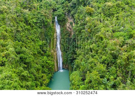 Waterfall In The Jungle. Mantayupan Falls, View From Above. Mantayupan Falls Is One Of The Highest W