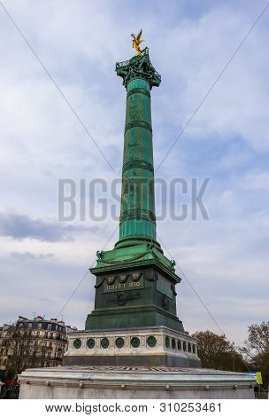 Paris / France - April 06 2019: The July Column (colonne De Juillet) In The Center Of The Place De L