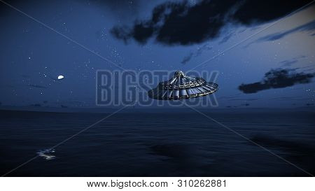 Aliens In Earth, The Ufo Flying Over The Ocean At Night, Flying Saucer, 3d Illustration, 3d Render