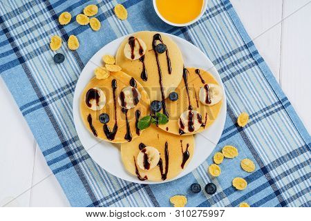 Pancake Food Blueberry Chocolate Toppping Flat Lay. Fried Golden Sweet Flapjacks For Tasty Shrovetid