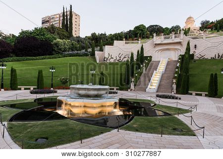 Haifa, Israel, July 04, 2019 : Sunset View From The Lower Entrance To The Bahai Garden In Haifa City