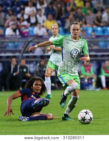 Kyiv, Ukraine - May 24, 2018: Wendie Renard Of Olympique Lyonnais (l) Fights For A Ball With Ewa Paj