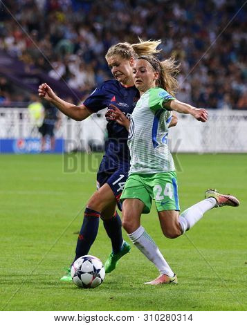 Kyiv, Ukraine - May 24, 2018: Ada Hegerberg Of Olympique Lyonnais (l) Fights For A Ball With Joelle 
