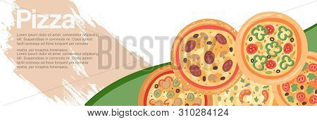Pizza House With Ingredients And Different Types Of Pizza Slices Banner Vector Illustration. Premium