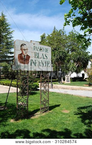 Ronda, Spain - May 5, 2008 - Metal Framed Ceramic Sign For Blas Infante Park (paseo De Blas Infante)