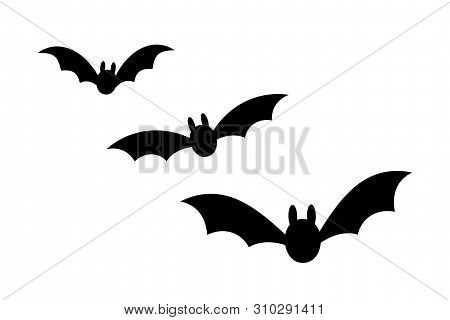 Bats Icon Set. Bat Black Silhouette With Wings Isolated White Background. Symbol Halloween Holiday, 