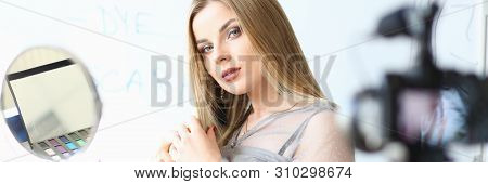 Caucasian Blogger Broadcast Beauty Video Blog. Female Makeup Artist Glamour Vlogger. Stunning Blond 