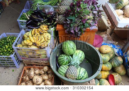 Locally Grown Fruit And Vegetables In El Nido Market, Palawan Island, Philippines.