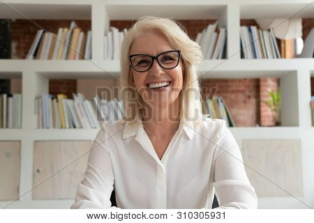 Happy Old Mature Online Teacher Tutor Looking At Camera
