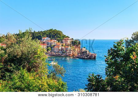Picturesque Summer View Of Adriatic Sea Coast In Budva Riviera. Przno Village With Buildings On The 