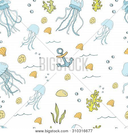 Sea Background To Create A Design Pattern. Cartoon Lines Art. Vector Illustration.