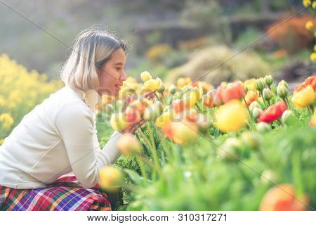 Young Beautiful Asian Women Tourist Sitting And Surround By Colorful Tulips Field.