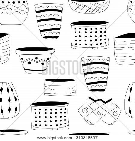 Seamless Pattern With Black And White Flower Pots On A White Background. Vector Print In Minimalisti