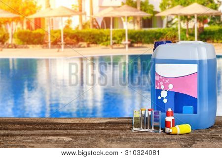Equipment With Chemical Cleaning Products And Tools For The Maintenance Of The Swimming Pool.